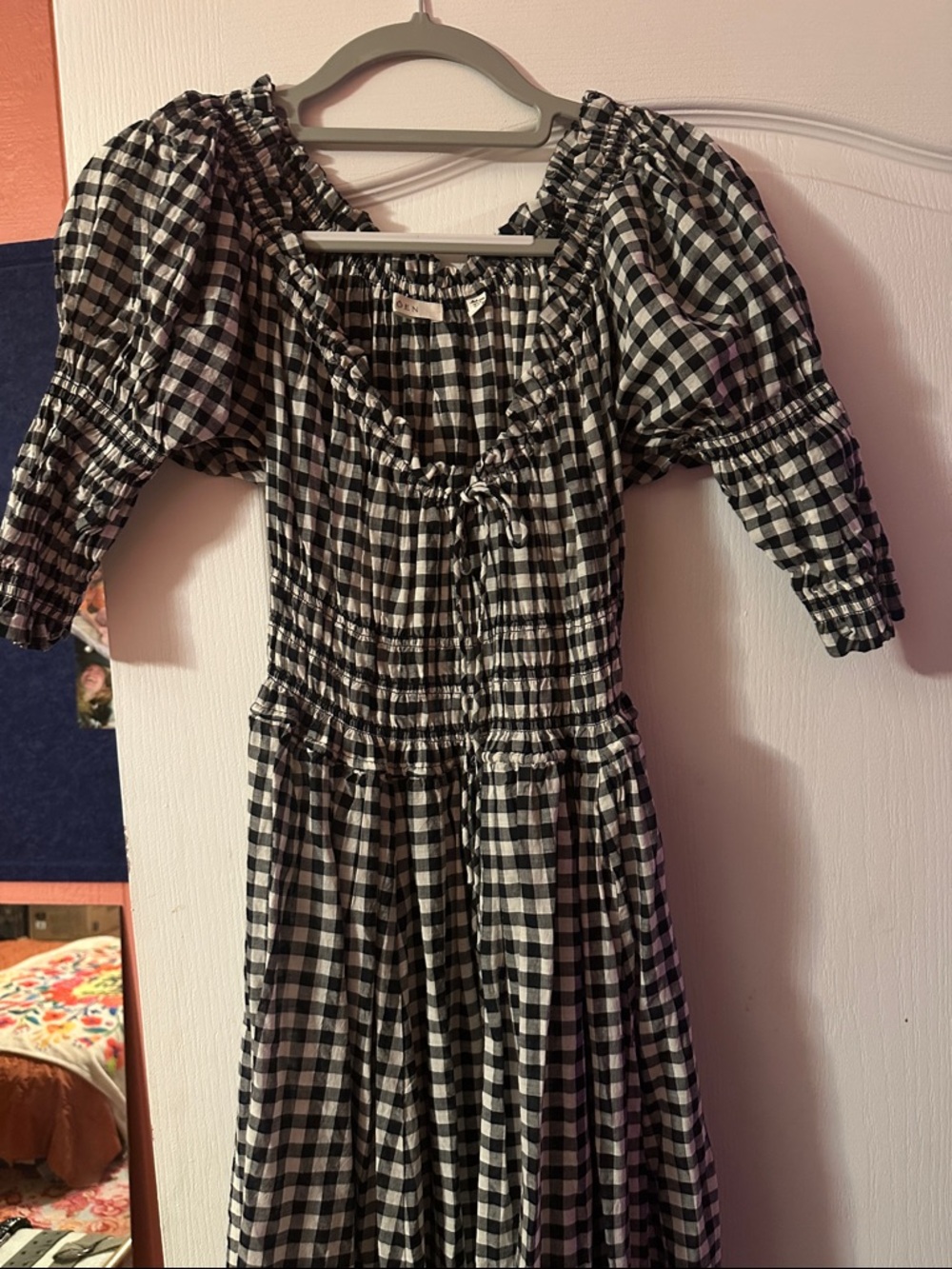 Doen Black and White Gingham Midi Dress with Puff Sleeves